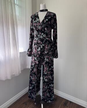 Love at First Sight Black Floral Print High Low Long Sleeve Jumpsuit